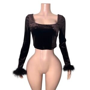 NEW! Velvet Stretch Feather Fur Sleeves Crop Top Shirt